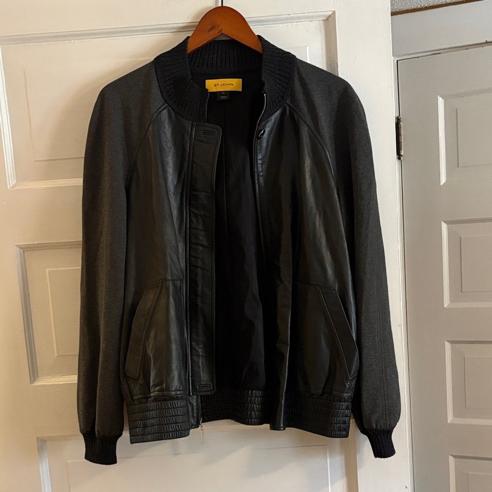 St. John Black Leather and Knit Bomber Jacket
